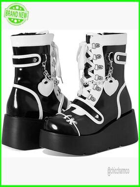 Gothic Platform Ankle Boots with Side Zip, Lug Sole Wedge, Y2K Combat Style